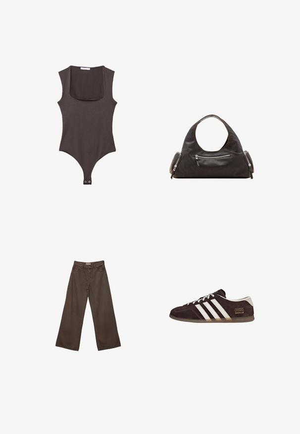 Brauner schulterfreier Body mit quadratischem Ausschnitt, aus weichem Stoff gefertigt. Verfügt über einen Druckknopfverschluss am Boden und eine taillierte Silhouette.; Weite braune Jeanshose mit klassischem Fünf-Taschen-Design, Knopfverschluss und glatter Textur.; Braune Wildleder-Sneaker mit drei weißen Streifen, Gummisohle und Textlabel "Gazelle" in Gold. Schnürdesign mit grauen Schnürsenkeln.; Schwarze Lederhandtasche mit rundem Tragegriff oben, zwei Seitentaschen mit Reißverschlüssen und glatter Oberfläche. Leicht lockeres Design.