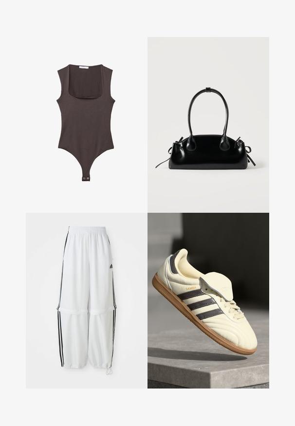 Bodysuit sans manches marron avec un col carré, fabriqué en tissu doux. Comprend une fermeture à pression en bas et une silhouette ajustée.; Pantalons de sport blancs avec une coupe décontractée, une taille élastique et des rayures noires sur les côtés. Équipés de poches avec fermeture éclair et de poignets élastiques aux chevilles.; Baskets en cuir crème avec trois bandes sombres, une semelle extérieure en gomme marron et un bout arrondi. Présentent une languette pliable étiquetée "SAMBA."; Petit sac à main noir brillant avec deux longues anses et des détails à cordon sur les côtés sur un fond clair uni.