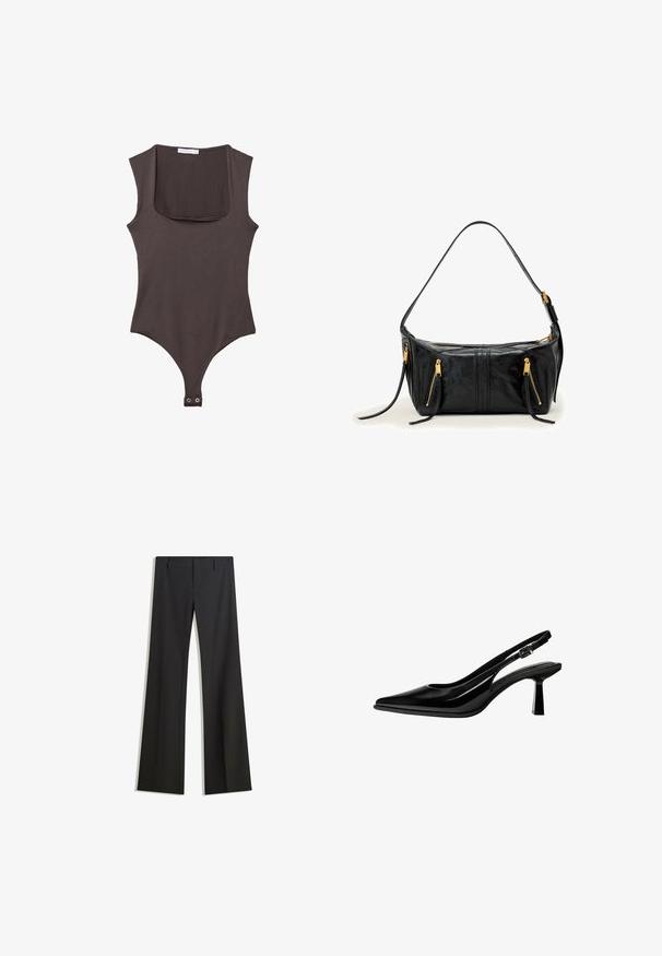 Bodysuit sans manches marron avec un col carré, fabriqué en tissu doux. Comprend une fermeture à pression en bas et une silhouette ajustée.; Pantalon noir évasé avec une texture lisse, doté d'une coupe ajustée et d'une taille cintrée. Aucun motif ou ornement visible.; Escarpin slingback en cuir verni noir avec bout pointu, talon bloc de hauteur moyenne et bride réglable à boucle sur fond blanc.; Sac à main en cuir noir avec une bandoulière courbée, deux poches avant zippées et des accents dorés. Texture lisse et forme structurée.