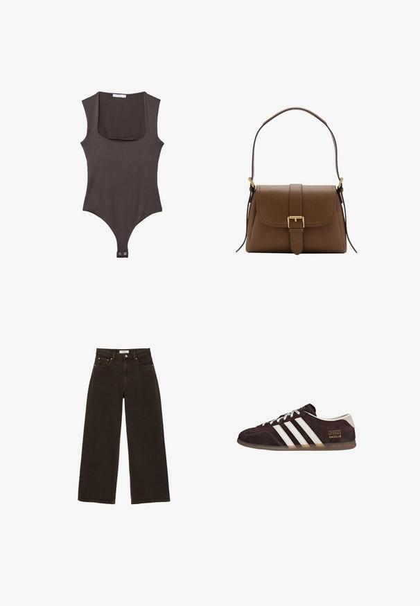 Bodysuit sans manches marron avec un col carré, fabriqué en tissu doux. Comprend une fermeture à pression en bas et une silhouette ajustée.; Jean en denim marron foncé à jambes larges, avec bouton et fermeture éclair à l'avant, poches avant avec rivets, et passants pour ceinture, posé à plat sur un fond blanc.; Baskets en suède marron avec trois bandes blanches, semelle en caoutchouc, et étiquette avec le texte "Gazelle" en or. Fermeture à lacets avec lacets gris.; Sac à bandoulière en cuir marron avec rabat avant et boucle dorée, disposant d'une bandoulière réglable avec ferrures dorées sur fond blanc.