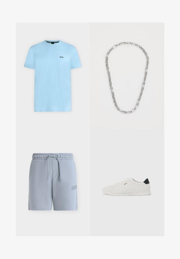 T-shirt bleu clair à manches courtes et col rond avec petit logo noir "BOSS" sur la poitrine gauche.; Shorts bleu clair avec ceinture élastique, cordon de serrage, poches latérales et petit écusson sur la jambe droite sur fond uni.; Baskets blanches basses avec languette de talon noire, lacets blancs et logo "BOSS" sur le côté, présentées sur un fond clair uni.; Calvin Klein ASPIRE - Collier - silver-coloured