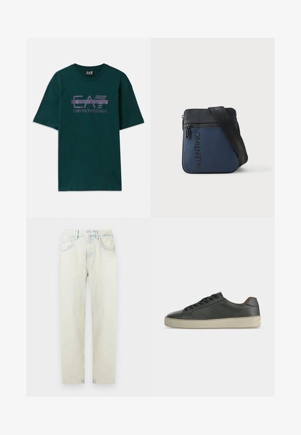 Mørkegrøn bomulds t-shirt med et lilla logo print "EA7 Emporio Armani" over brystet. Klassisk rund hals og korte ærmer.; Lyseblå denimjeans med afslappet pasform, fem-lomme design og lige ben. Har falmede områder og syningsdetaljer.; Lav top sort lædersneaker med sorte snørebånd og off-white gummisål, set fra den ydre side på hvid baggrund.; Blå nylon skuldertaske med sort læderkant, med lynlås og justerbar rem med "Valentino" logo i sort tryk.