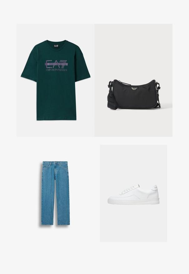 Mørkegrøn bomulds t-shirt med et lilla logo print "EA7 Emporio Armani" over brystet. Klassisk rund hals og korte ærmer.; Blå straight-leg jeans i denim med forlommer, bæltestropper og knaplukning, vist mod en hvid baggrund.; Hvid lavt sneaker med snørelukning, glat læderoverdel og tyk sål, vist fra siden på en ensfarvet baggrund.; Sort rektangulær crossbody taske med sølv brandlogoemblem og justerbar rem på lys baggrund.