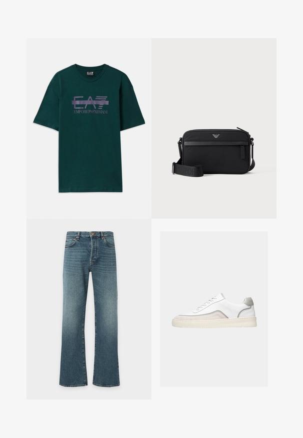 Tmavohnedé bavlnené tričko s fialovým potlačeným logom "EA7 Emporio Armani" na prsiach. Klasický okrúhly výstrih a krátke rukávy.; Modré džínsy z denimu so slabým rozšírením na spodku, klasický dizajn s piatimi vreckami, zapínanie na gombík a zips, a jemné vyblednutie na stehnách.; Biela nízka teniska s béžovými semišovými detailmi, sivým lemovaním, bielymi šnúrkami a hrubou gumovou podrážkou v slonovinovej farbe, zobrazená z boku na svetlom pozadí.; Čierna obdĺžniková crossbody taška s predným vreckom na zips, nastaviteľným popruhom a malým kovovým logom v hornej strede.