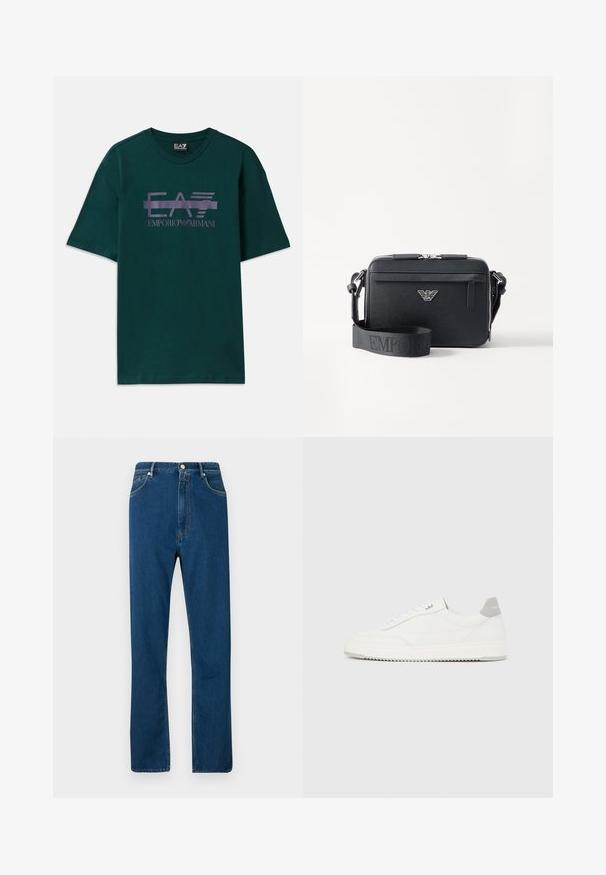 Mørkegrøn bomulds t-shirt med et lilla logo print "EA7 Emporio Armani" over brystet. Klassisk rund hals og korte ærmer.; Blå denimjeans med høj talje, lige ben, fem lomme-design og kontrasterende orange syninger. Glat tekstur.; Hvid lavtop-sneaker med gråt hælflig, hvide snørebånd og tekstureret sål, vist på en ensfarvet lys baggrund.; Sort crossbody taske lavet af tekstureret materiale. Har en lynlåslukning, en frontlomme med lynlås og en metallogo akcent. Inkluderer justerbar rem.