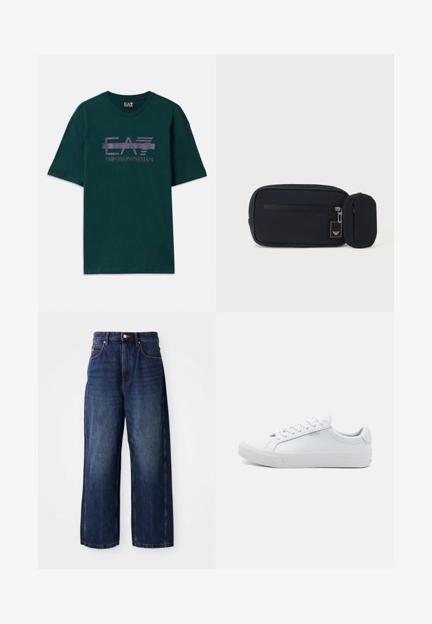 Mørkegrøn bomulds t-shirt med et lilla logo print "EA7 Emporio Armani" over brystet. Klassisk rund hals og korte ærmer.; Mørkeblå vide jeans lavet af denim. Har en klassisk talje med bæltestropper, forlommer og en lige silhuet.; Hvide lædersneakers med en glat overflade, lavt design, rund tå og flad gummisål. Udstyret med flade snørebånd og minimal branding.; Sort rektangulær pung med frontlynlås og lille tilknyttet rundet pung mod en ensartet lys baggrund.