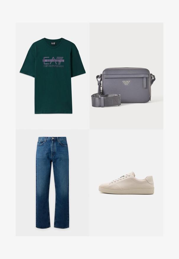 Tmavohnedé bavlnené tričko s fialovým potlačeným logom "EA7 Emporio Armani" na prsiach. Klasický okrúhly výstrih a krátke rukávy.; Modré džínsové nohavice rovného strihu s prednými vreckami, pútkami na opasok a zapínaním na gombík na jednoduchom svetlom pozadí.; Béžové kožené tenisky so hladkým povrchom, okrúhlou špičkou, plochou podrážkou a klasickým šnurovaním. Jemné akcenty z prešívania a textúrovaná podrážka.; Tmavosivá obdĺžniková crossbody taška s nastaviteľným popruhom, predným vreckom na zips a strieborným logom.