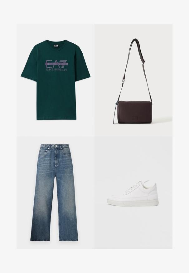 Mørkegrøn bomulds t-shirt med et lilla logo print "EA7 Emporio Armani" over brystet. Klassisk rund hals og korte ærmer.; Blå denim bredbenede jeans med høj talje, subtilt slid, fem lommer og metalknaplukning foran.; Hvid lædersneaker med rundet tå, flad sål og snørebånd foran. Har syningsdetaljer og polstret krave for komfort.; Mørkebrun textured læder crossbody taske med justerbar rem og lille dekorativ blå accent på siden.