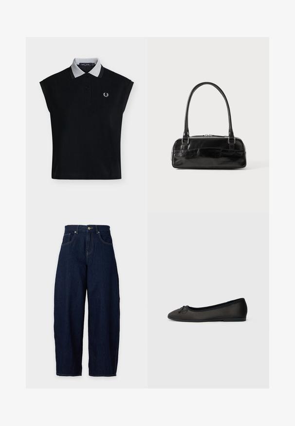 Polo noir sans manches avec col texturé gris clair, deux boutons noirs et logo laurier brodé blanc sur la poitrine.; Jean en denim bleu foncé à jambes larges, fermeture avant par bouton et zip, passants de ceinture et poches avant sur fond clair.; Ballerines noires avec une finition mate lisse, un bout arrondi et un nœud décoratif à l'avant. Elles présentent un talon bas et plat.; Sac à main en cuir noir de forme rectangulaire, doté d'une seule ansse structurée, de quincaillerie argentée et d'une fermeture éclair. Texture lisse.