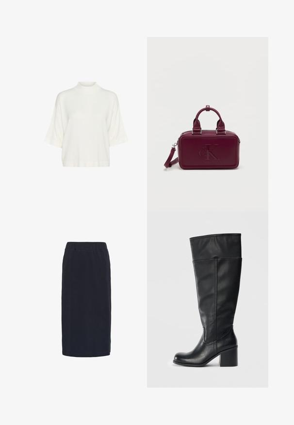 Haut blanc à col montant et manches courtes, en tissu doux, présentant une coupe décontractée et une texture lisse, sans motifs ni accents visibles.; Jupe bleu marine foncé longueur genou avec ceinture élastique et coupe droite sur fond blanc.; Bottes en cuir noir jusqu'au genou avec un talon carré, texture lisse et détails de couture sur les côtés. Design simple et moderne.; Petit sac à main rectangulaire en cuir bordeaux avec des poignées supérieures, une bandoulière amovible et un logo "cK" embossé sur le panneau avant.