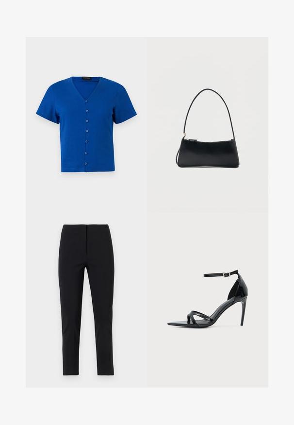 Chemise bleue à manches courtes avec col en V et sept boutons à l'avant, présentée sur un fond clair uni.; Pantalon noir slim fit longueur cheville avec devant plat et fermeture dissimulée, présenté sur fond blanc.; Sandale à talon haut en cuir verni noir avec fine bride à la cheville, bout ouvert et design minimaliste sur fond clair uni.; Sac à main rectangulaire noir avec une fine bandoulière et fermeture éclair, présenté sur un fond blanc uni.