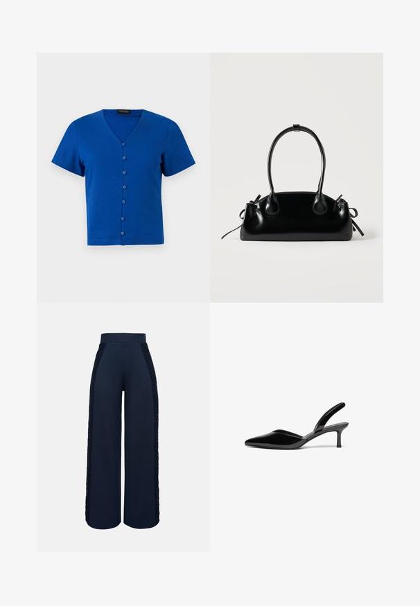 Chemise bleue à manches courtes avec col en V et sept boutons à l'avant, présentée sur un fond clair uni.; Pantalon large marine avec taille haute et panneaux en dentelle le long des côtés extérieurs des deux jambes.; Escarpins à talon aiguille en cuir verni noir, avec un bout pointu, un talon aiguille bas et un design élégant et simple sans embellissements.; Petit sac à main noir brillant avec deux longues anses et des détails à cordon sur les côtés sur un fond clair uni.