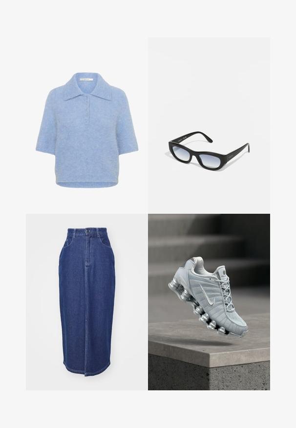 Lichtblauwe, kortebloemige gebreide top met een kraag en een vijfknopenlijst. Zachte textuur met een iets boxy pasvorm en geribbelde zoom.; Denim rok in donkerblauw met een hoge taille, rechte snit, voorzakken en een centrale naad. Afgewerkte zoom met minimale details.; Lichtgrijze Nike hardloopschoen met gedempte veerachtige zool die boven een betonnen richel zweeft, wazige trapachtergrond.; Zwarte zonnebril met een chunky frame, rechthoekige vorm en gradient lenzen. Heeft de merknaam "vogue" op de zijtak.