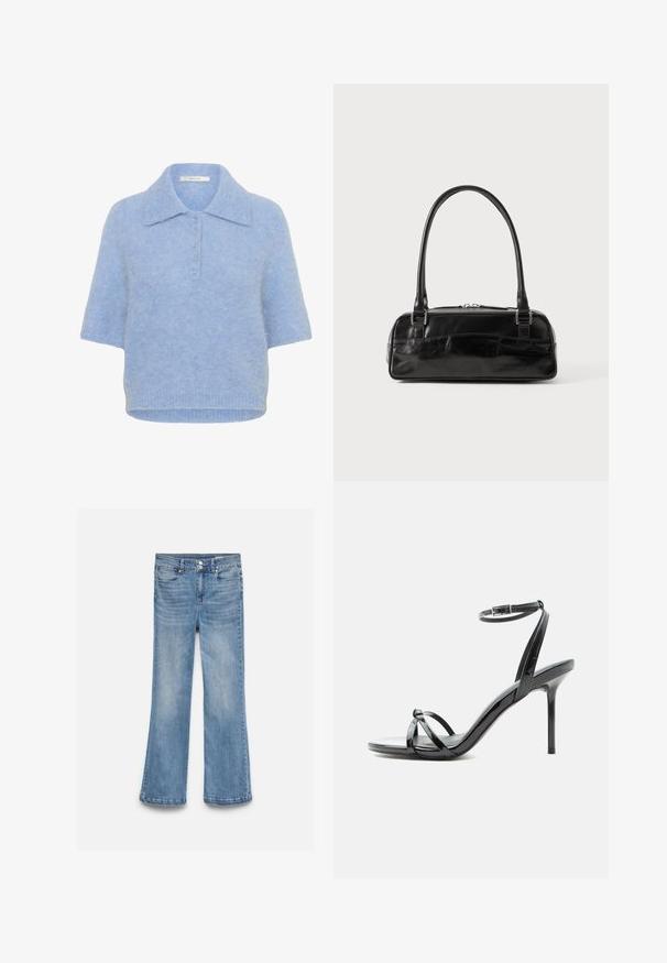 Hellblaues, kurzärmliges Strickoberteil mit Kragen und Knopfleiste mit fünf Knöpfen. Weicher Stoff mit leicht lässiger Passform und geripptem Saum.; Hellblaue Jeans aus Denim mit hoher Taille, Doppelknopfverschluss, Taschen vorne und hinten und leicht ausgestellten Beinen.; Schwarze Sandale aus Lackleder mit hohen Absätzen, dünnen Riemen über den Zehen und einem Knöchelriemen mit Schnalle auf weißem Hintergrund.; Schwarze Lederhandtasche in rechteckiger Form, mit einem stabilen Griff, silbernem Zubehör und Reißverschluss. Glatte Textur.