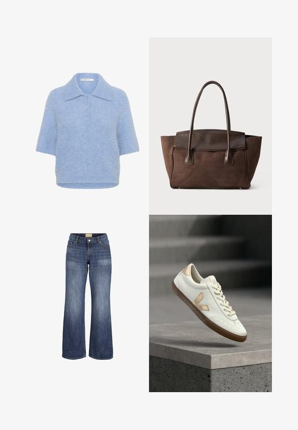 Hellblaues, kurzärmliges Strickoberteil mit Kragen und Knopfleiste mit fünf Knöpfen. Weicher Stoff mit leicht lässiger Passform und geripptem Saum.; Blaue Jeans mit weitem Bein, Vordertaschen, Gürtelschlaufen, Knopfverschluss und verwaschenen Wasch-Effekten.; Weißer Ledersneaker mit goldfarbenen Akzenten, strukturierter Gummisohle und klassischer Schnürung. Die Seite zeigt ein markantes "V"-Logo in einem beigefarbenen Ton.; Braune Wildleder-Tote mit strukturiertem Design, glatten Lederakzenten, verlängerten Griffen und subtiler Kontrastnaht.