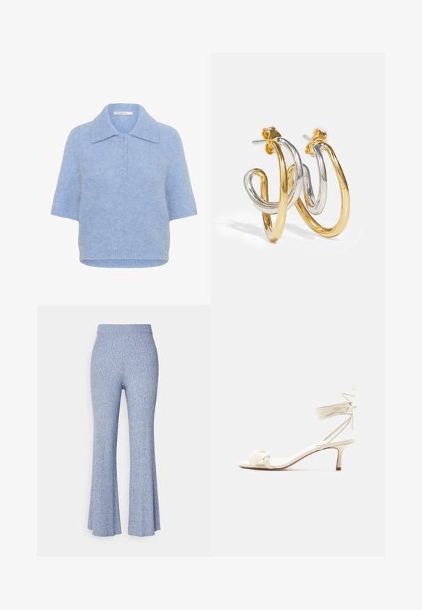 Top de punto de manga corta en azul claro, con cuello y tapeta de cinco botones. Textura suave con un corte ligeramente cuadrado y dobladillo acanalado.; Pantalones acampanados de canalé azul claro con una cinturilla sólida, que destacan por su textura suave y su silueta estilizada. Sin patrones ni detalles de herrajes.; Sandalia de tacón bajo color crema con lazos alrededor del tobillo y una amplia tira retorcida sobre los dedos, sobre un fondo blanco liso.; Pendientes de aro entrelazados en oro y plata con acabados suaves y brillantes; cuentan con un cierre de presión para un uso seguro.