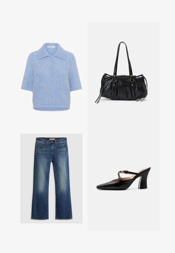 Top de punto de manga corta en azul claro, con cuello y tapeta de cinco botones. Textura suave con un corte ligeramente cuadrado y dobladillo acanalado.; Jeans de denim azul con un ligero corte acampanado, cierre frontal con botón y cremallera, y áreas descoloridas en los muslos y las rodillas.; Mule de piel negra con punta afilada, tacón acampanado de altura media y tira fina con hebilla plateada sobre el empeine.; Bolso de mano de cuero negro con forma redondeada, asas dobles, acentos de hardware decorativo y detalles de lazo en los laterales. Textura lisa y brillante.