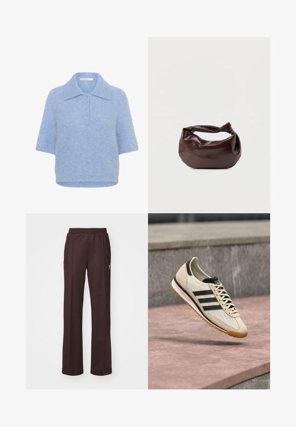 Lichtblauwe, kortebloemige gebreide top met een kraag en een vijfknopenlijst. Zachte textuur met een iets boxy pasvorm en geribbelde zoom.; Bruine sportieve broek met een elastische tailleband, twee zijzakken en een klein logo aan de linkerzijde, gemaakt van een zachte stof.; Beige en zwarte Adidas sneaker met een gumzool, zwevend boven een stenen oppervlak, met zijkant- en bovenaanzichten.; Donkerbruine leren schoudertas met een zachte, slungelige vorm en een gedraaide knoopvormige handgreep op een effen witte achtergrond.