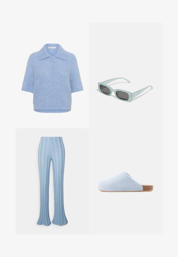 Lichtblauwe, kortebloemige gebreide top met een kraag en een vijfknopenlijst. Zachte textuur met een iets boxy pasvorm en geribbelde zoom.; Even&Odd by Zalando Broek - blue; Lichtblauwe suède instapschoen met een afgeronde neus, zachte textuur en een kurken tussenzool voor extra comfort en ondersteuning.; Een paar rechthoekige zonnebrillen met lichtblauwe doorzichtige monturen en donkergrijze glazen, met rechte pootjes en minimale hardwaredetails.