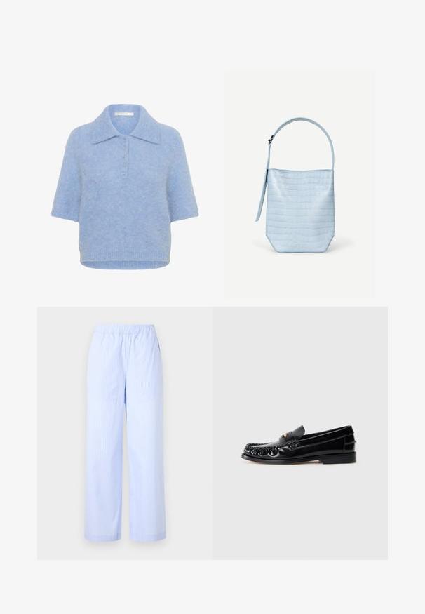 Top de punto de manga corta en azul claro, con cuello y tapeta de cinco botones. Textura suave con un corte ligeramente cuadrado y dobladillo acanalado.; Pantalones rayados en azul claro con una cinturilla elástica, un diseño de pierna ancha, bolsillos laterales y una textura suave. Sin embellishments adicionales.; Mocasines de cuero negro con puntera redondeada, costuras decorativas y un pequeño acento dorado en el empeine. Suela plana de goma, diseño elegante.; Bolso de mano azul claro con textura de cocodrilo, forma rectangular, asa superior única y una correa colgante lateral sobre un fondo blanco liso.