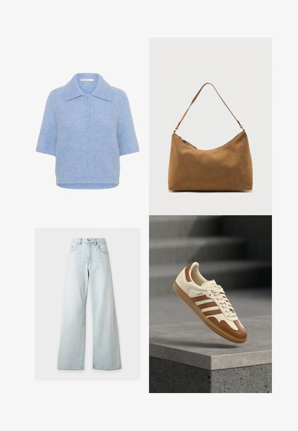 Lichtblauwe, kortebloemige gebreide top met een kraag en een vijfknopenlijst. Zachte textuur met een iets boxy pasvorm en geribbelde zoom.; Lichtblauwe jeans met hoge taille en wijde pijpen, met voorste knoop en rits, voorzakken en riemlussen op een witte achtergrond.; Klassieke sneaker met een crème kleurige leren bovenkant, bruine accenten, drie strepen en een textuurrijke gumzool. Voorzien van een afgeronde neus en vetersluiting.; Bruine suède schoudertas met een enkele band en een ritssluiting aan de bovenkant, gepresenteerd tegen een effen witte achtergrond.