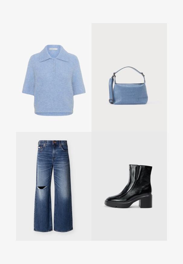 T-shirt tricot à col, bleu clair et à manches courtes, avec une patte de boutonnage à cinq boutons. Texture douce avec une coupe légèrement carrée et un ourlet côtelé.; Jean denim bleu à jambes larges avec un délavé et un trou déchiré sur la cuisse gauche, doté de poches avant et d'une fermeture à bouton.; Bottines en cuir verni noir avec un bout arrondi, des panneaux latéraux en élastique et un talon épais. Comprend un logo embossé à l'arrière.; Sac à main bleu clair embossé façon crocodile avec une poignée courte et une bandoulière amovible. Texture lisse avec une fermeture éclair.