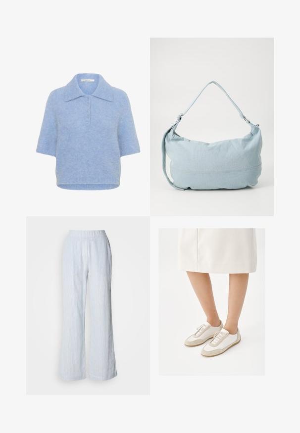 T-shirt tricot à col, bleu clair et à manches courtes, avec une patte de boutonnage à cinq boutons. Texture douce avec une coupe légèrement carrée et un ourlet côtelé.; Pantalons larges bleu clair avec des rayures verticales blanches et rouges. Dotés d'une taille élastique et de poches latérales. Texture lisse semblable au coton.; Personne portant des baskets blanches avec des accents en daim beige et une jupe blanche jusqu'au genou, debout devant un fond blanc.; Sac à dos en denim bleu clair de forme arrondie, avec une bandoulière ajustable et un subtil détail de couture le long du bas. Texture douce.