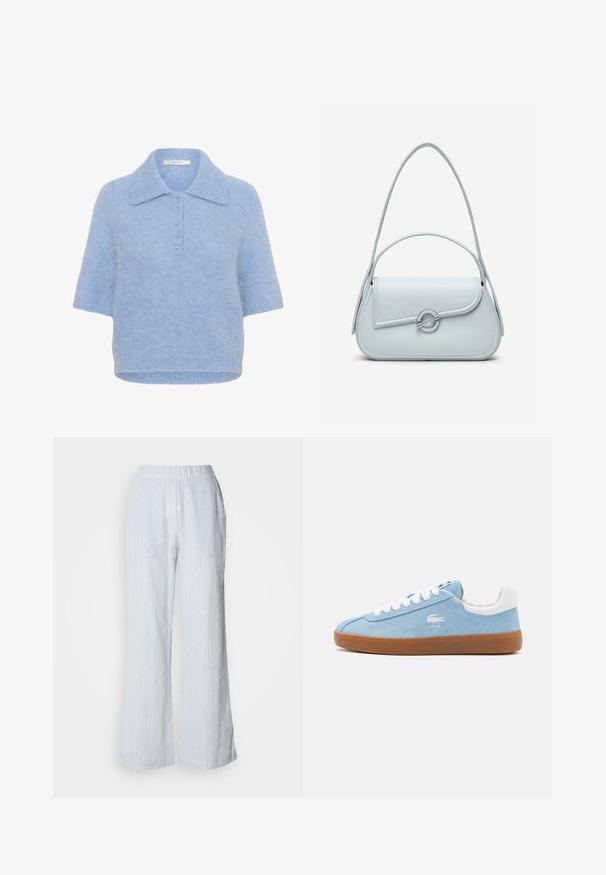 Top de punto de manga corta en azul claro, con cuello y tapeta de cinco botones. Textura suave con un corte ligeramente cuadrado y dobladillo acanalado.; Pantalones de pierna ancha de color azul claro con rayas verticales en blanco y rojo. Cuenta con una cintura elástica y bolsillos laterales. Textura suave parecida al algodón.; Zapatilla de ante azul claro con cordones y talón blancos, suela de goma beige y logo bordado en el costado. Diseño clásico de bota baja.; Bolso de cuero azul claro con solapa redondeada, cierre circular plateado y dos correas para el hombro sobre un fondo liso.