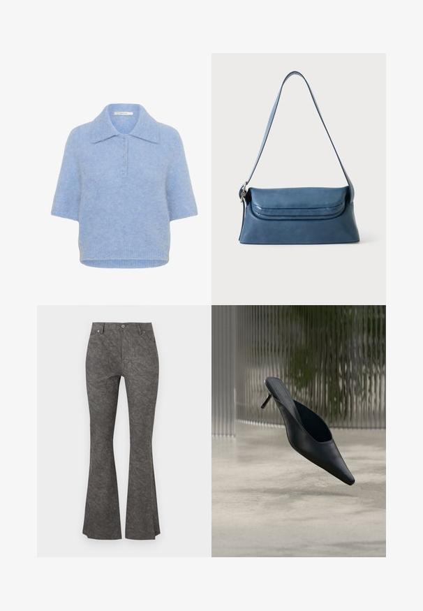 Hellblaues, kurzärmliges Strickoberteil mit Kragen und Knopfleiste mit fünf Knöpfen. Weicher Stoff mit leicht lässiger Passform und geripptem Saum.; Dunkelgraue, ausgestellte Hose mit einem dezenten knitterigen Muster, seitlichen Taschen, Gürtelschlaufen und einem Knopfverschluss an der Taille.; Schwarzer spitzer Mule-Schuh mit dünnem hohen Absatz, der über einem glatten Betonboden schwebt, mit einem unscharfen vertikal gestreiften Hintergrund.; Blaue Leder-Umhängetasche mit langem Riemen und Klappenverschluss, dargestellt auf hellem einfarbigem Hintergrund.