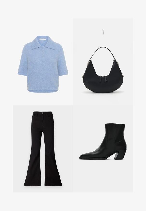 Lichtblauwe, kortebloemige gebreide top met een kraag en een vijfknopenlijst. Zachte textuur met een iets boxy pasvorm en geribbelde zoom.; Zwarte flared jeans van denim, met een hoge taille, frontzakken en een grote opening bij de zoom voor een wijduitlopende silhouet.; Zwarte leren enkelboot met een spitse neus, een slanke silhoeet en een chunky vierkante hak. Gladde textuur met minimale stikdetails.; Zwarte lederen handtas met een gebogen vorm, ritssluiting, twee zwarte franjes en zilverkleurige hardware accenten, inclusief een unieke bevestigingsdetail.