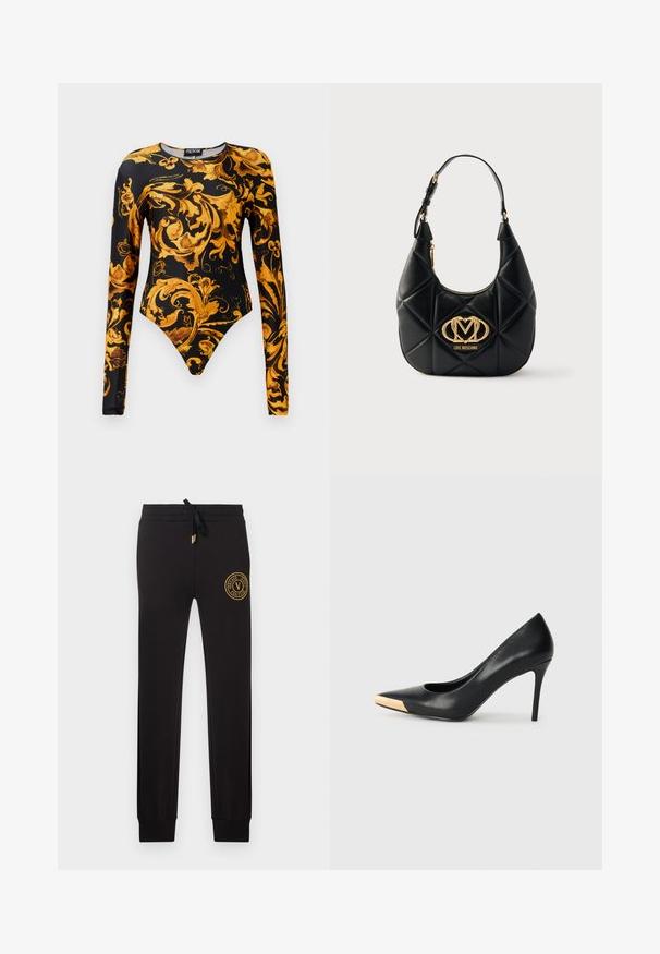 Sort bodysuit med lange ærmer, der har udsmykkede gyldne blomsterdesigns og en højskåret benudskæring. Fremstillet af glat materiale.; Sorte slim-fit joggers med snøre i taljen og gyldent Versace Jeans Couture logo-patch på øverste venstre lår.; Sort læder stiletter med spids tå; har et metalisk guldakcent på tåkapperne. Glat overflade med et strømlinet design.; Sort quiltet taske i kunstlæder med en buet form, guldfarvet logodetalje og en enkelt justerbar rem. Lynlåslukning øverst.