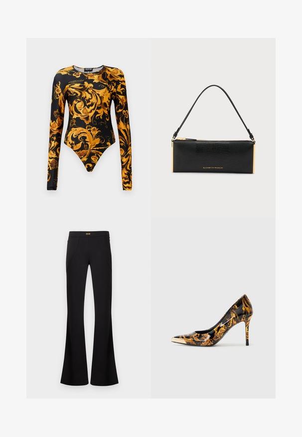 Bodysuit negro con mangas largas, que presenta ornados patrones florales dorados y un diseño de pierna alta. Fabricado en un material suave.; Pantalones negros acampanados con detalles de costura frontal y una etiqueta con logo dorado en la cintura, exhibidos sobre un fondo claro y sencillo.; Zapato de tacón alto con punta afilada, superficie negra brillante, adornado con patrones florales dorados y una tapa metálica dorada en la punta.; Bolso rectangular texturizado negro con una sola correa, cremallera dorada, detalles dorados y logo de Elisabetta Franchi en la parte delantera.