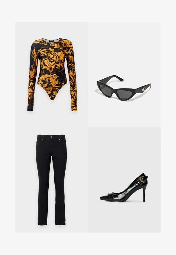 Sort bodysuit med lange ærmer, der har udsmykkede gyldne blomsterdesigns og en højskåret benudskæring. Fremstillet af glat materiale.; Sorte denimjeans med lige snit, fem-lomme design, knaplukning og hardware-accenter i guldtoner. Blød tekstur med minimal detaljer.; Sorte laklæder højhælede sko med spidse tæer, en sløjfedetalje foran og en dekorativ accent i guldtonet metal bagpå.; Cat-eye solbriller med en mat sort kunststoframme, mørke linser og en guldfarvet logoaccent på stænger. Vinklet design og glat overflade.