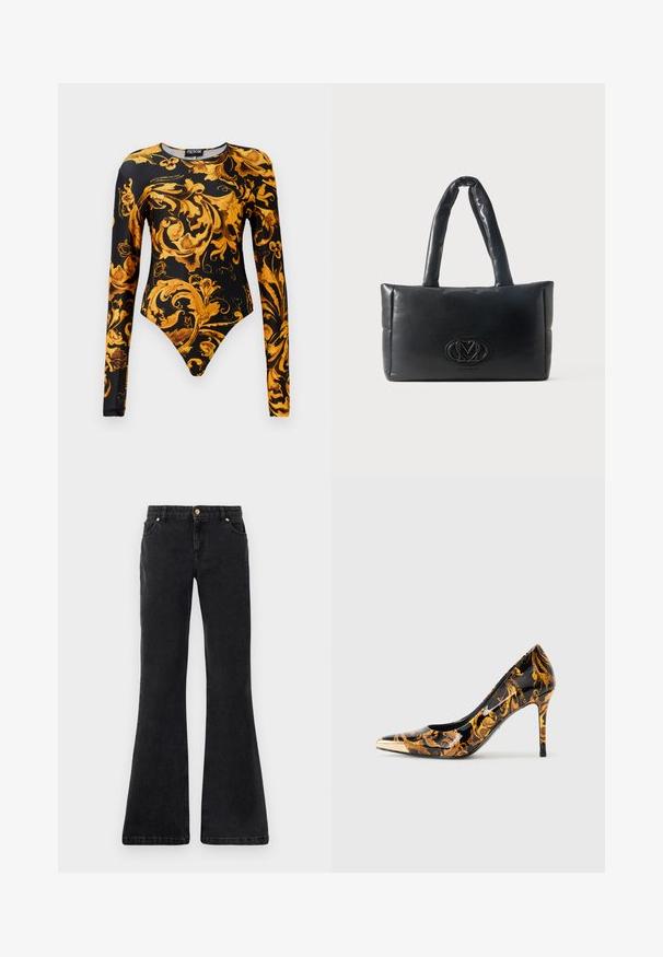 Sort bodysuit med lange ærmer, der har udsmykkede gyldne blomsterdesigns og en højskåret benudskæring. Fremstillet af glat materiale.; Sorte flared denim jeans med fem lommer, en frontlukning med knap og kontrastsyninger. Stoffet har en glat tekstur.; Spidse højhælede sko med en glossy sort overflade, prydet med gyldne blomster mønstre og en metallisk guldkappe på tåen.; Sort rektangulær polstret håndtaske med to polstrede håndtag og et centralt præget logo på frontpanelet.