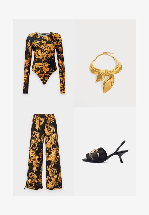 Schwarzer Body mit langen Ärmeln, verziert mit aufwendigen goldenen Blumenmustern und einem hoch geschnittenen Beinschnitt. Hergestellt aus glattem Material.; Schwarze, weit geschnittene Hose mit elastischem Bund, ausgestattet mit einem kräftigen goldgelben Barockwirbelmuster und verstellbaren Kordeln an den Säumen.; Schwarzer Slingback mit kleinem Katzenabsatz, gerafftem Riemen und verzierten goldenen Schnallendetails vor weißem Hintergrund.; Halskette aus goldfarbenem Metall in Form eines gebundenen Schals mit einem verstellbaren Kettenverschluss vor weißem Hintergrund.