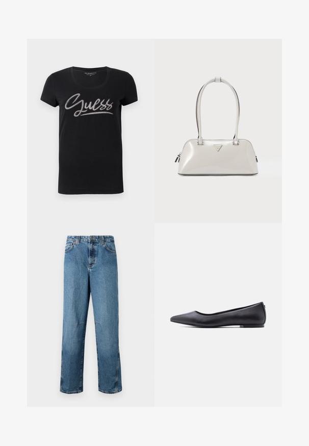 T-shirt noir à manches courtes pour femmes avec col rond et logo "Guess" rehaussé de petits clous en argent sur la poitrine.; Jean en denim bleu clair avec une coupe droite, dotée de poches cousues, d'une fermeture à bouton sur le devant et d'un léger délavage sur le tissu.; Chaussure plate en cuir noire à bout pointu avec petit talon, vue de profil sur fond blanc.; Sac à main gris clair brillant de forme arrondie, avec deux poignées et un logo triangulaire. Il dispose d'une fermeture éclair et de détails métalliques.
