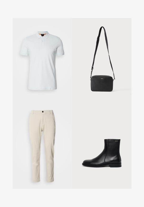 Lyseblå polo skjorte lavet af blødt bomuld, med klassisk krave, to-knaps lukning og et lille præget logo på brystet.; Beige chinos med lige ben, lavet af blødt bomuldsstof, med lynlås og en enkelt sort knaplukning.; Sort læderankelstøvle med lav hæl, sidesyning og lille "HUGO" logo på den øverste manchet mod en ensfarvet baggrund.; Sort rektangulær crossbody taske med justerbar rem og BOSS-logo foran, sat mod en ensfarvet lys baggrund.
