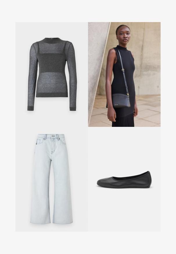 Haut à manches longues gris en tissu léger, avec un col ronde côtelé et un design rayé semi-transparent sur le torse.; Jean léger bleu clair avec une coupe large, fabriqué en denim. Comprend un style à cinq poches, des passants de ceinture et une fermeture à bouton.; Ballerines en cuir noir avec un bout rond, texture lisse, détails de couture minimalistes et design de semelle flexible.; Jeune femme en robe noire sans manches portant un sac bandoulière en cuir noir, debout contre un mur en béton clair.