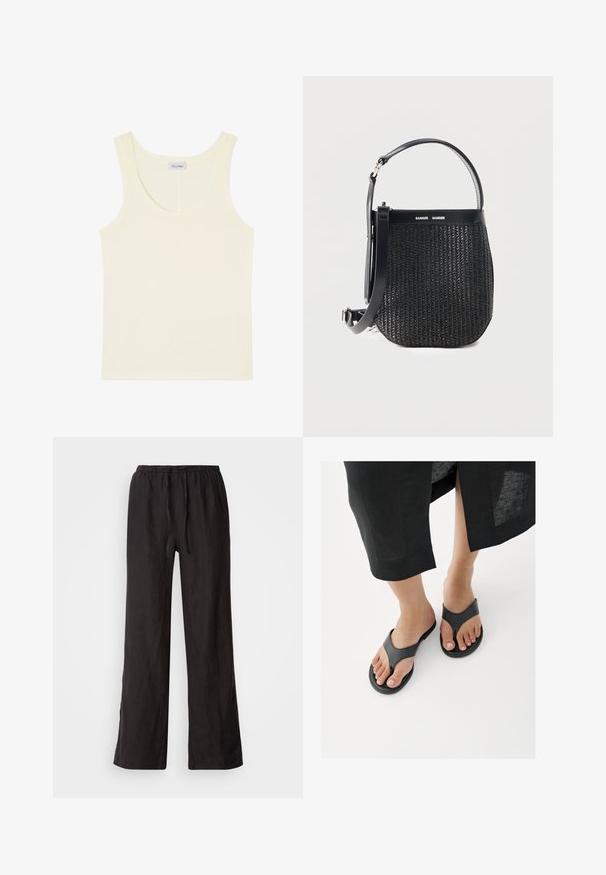 Camiseta sin mangas color crema con escote redondo y una pequeña etiqueta de la marca en la parte interior trasera.; Pantalones negros, holgados, con cintura elástica y cordón ajustable. Están hechos de una tela ligera con una textura suave y pierna recta.; Primer plano de pies con sandalias negras de cuero tipo chancla y el dobladillo de una falda negra visible por encima de los tobillos sobre un suelo blanco.; Bolso tejido negro con base redondeada, ribete de cuero, correa de hombro ajustable y logo de la marca Samsøe Samsøe en la banda superior.