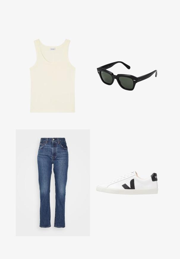 Camiseta sin mangas color crema con escote redondo y una pequeña etiqueta de la marca en la parte interior trasera.; Jeans de mezclilla azul de talle alto con pierna recta, ligero desgastado, cinco bolsillos y cierre con botón en la cintura.; Zapatilla blanca con un logo en V negro, con una parte superior de cuero liso, puntera redonda, cierre de cordones y una lengüeta en el talón de color negro en contraste.; Gafas de sol cuadradas negras con lentes verde oscuro, con montura audaz y acentos plateados en los laterales. Fabricadas en Italia.