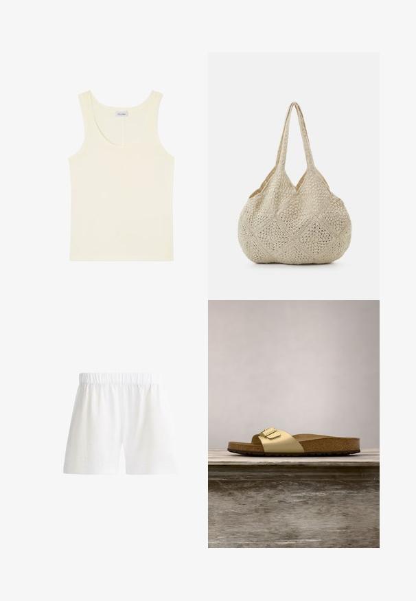 Roomkleurige mouwloze tanktop met een ronde halslijn en een klein merklabel aan de binnenkant aan de achterkant.; Witte shorts met elastische taille, rechte zoom en lichtgewicht stof, ontworpen voor casual gebruik.; Gouden synthetische slipper met een enkele band en een gespaccent, met een bruine kurken voetbed en een gestructureerde rubberen zool.; Even&Odd by Zalando Shopper - off-white