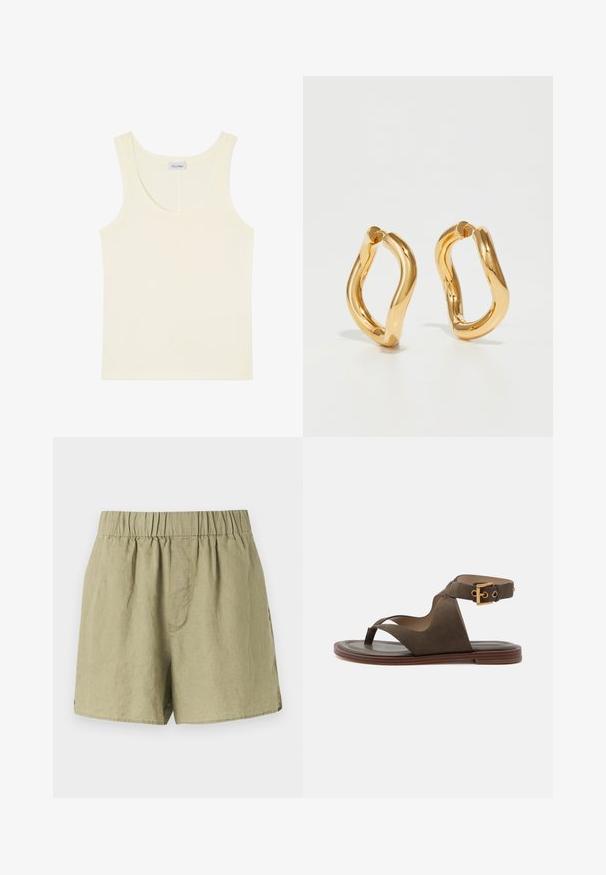 Flødefarvet ærmeløs tanktop med rund halsudskæring og et lille mærke med brandnavn indeni bagpå.; Lysgrønne linnedshorts med elastisk talje, sidelommer og afslappet pasform. Har et glat, let struktureret stof.; Enkelt olivengrøn ruskind flad sandal med tå-loop, bred sidestrop, ankelrem med guldbælte og brun sål.; Guldfarvede hoops øreringe med en buet, uregelmæssig form og en glat, poleret overflade. Ingen synligt hardware eller dekorationer.