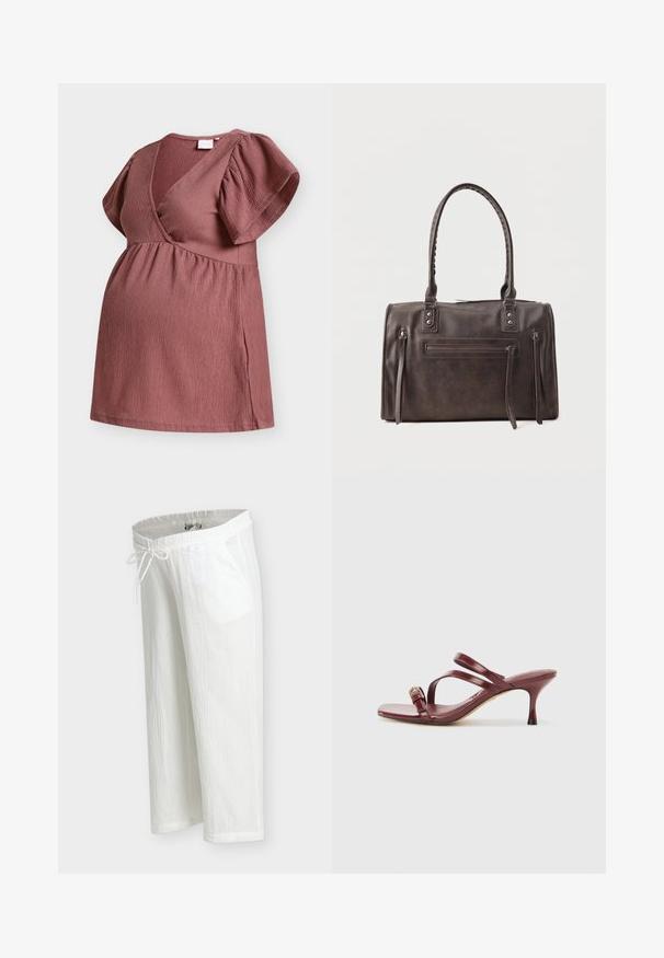 Robe de maternité mauve texturée avec un col en V à effet cache-cœur, manches courtes bouffantes et taille empire froncée.; Pantalon léger en coton blanc avec taille élastique, cordon de serrage et poches latérales, présenté sur un fond uni.; Sandales à talons hauts en cuir verni bourgogne avec un bout carré, deux fines lanières et une boucle dorée décorative sur le côté.; Sac à main en cuir marron foncé avec double poignée, poche zippée avant et deux détails zippés verticaux sur les côtés, sur fond blanc.
