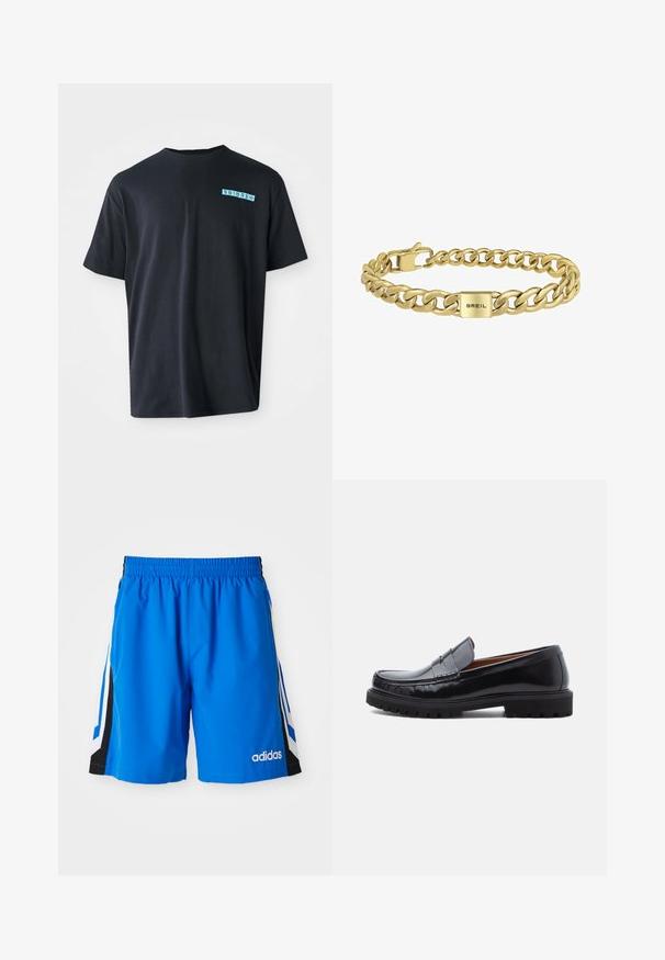 Schwarzes Baumwoll-T-Shirt mit kurzen Ärmeln, Rundhalsausschnitt und einem türkisfarbenen grafischen Logo auf der linken Brust. Glatte Textur, lässige Passform.; Blaue Sportshorts mit einem elastischen Bund, schwarzen Seitenpaneelen und weißen Streifen. Mit einem gestickten Logo auf der Vorderseite.; Schwarze Leder-Penny-Loafer mit strapazierfähiger Gummisohle und Mokassin-Stich, seitlich auf einem weißen Hintergrund dargestellt.; Goldfarbener Kettenarmreif mit ineinandergreifenden Gliedern, ausgestattet mit einem rechteckigen Verschluss, auf dem der Markenname "BREIL" in schwarzer Schrift steht.
