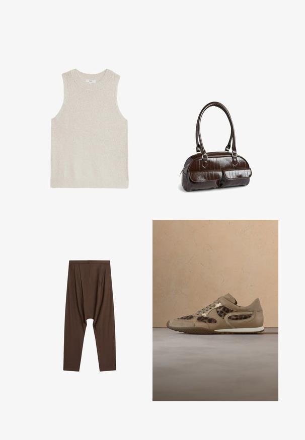 Lys beige ærmeløs sweater med ribbet rund hals, tekstureret stof og minimalistisk design; ingen synlige logoer eller mønstre.; Brune løstsiddende bukser med høj talje og sænket skridt, med lige, tilspidsede ben, lagt fladt på en hvid baggrund.; Beige sneaker med leopardmønstrede accenter, der svæver over et tekstureret beige tæppe i et neutralt toneopdelt rum med en buet sofa i baggrunden.; Lille mørkebrun håndtaske i laklæder med to forlommer med klap og dobbelte skulderremme, stående på en hvid overflade.