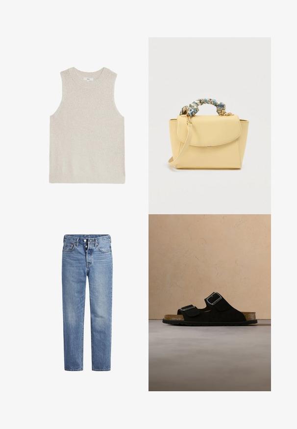 Lys beige ærmeløs sweater med ribbet rund hals, tekstureret stof og minimalistisk design; ingen synlige logoer eller mønstre.; Lyseblå denimjeans med lige pasform, fem-lomme-design og knaplukning. Har subtile falmede detaljer og orange søm.; Sort sandal med to justerbare spænder og korksål svævende over beige tæppe foran cremefarvet sofa.; Lille beige håndtaske med stof-indpakket topstrop i blå og creme mønstre, klaplukning og aftagelig skulderrem på hvid baggrund.