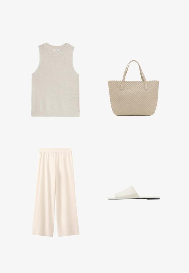 Lys beige ærmeløs sweater med ribbet rund hals, tekstureret stof og minimalistisk design; ingen synlige logoer eller mønstre.; Vidbenede cremefarvede bukser med elastik i taljen, lavet af let stof, velegnet til afslappet eller kontorbrug.; Hvid slidesandal med en bred rem og flad sål, vist i sidevisning på en hvid baggrund.; Beige vævet lædertaske med to skulderstropper og en struktureret rektangulær form.