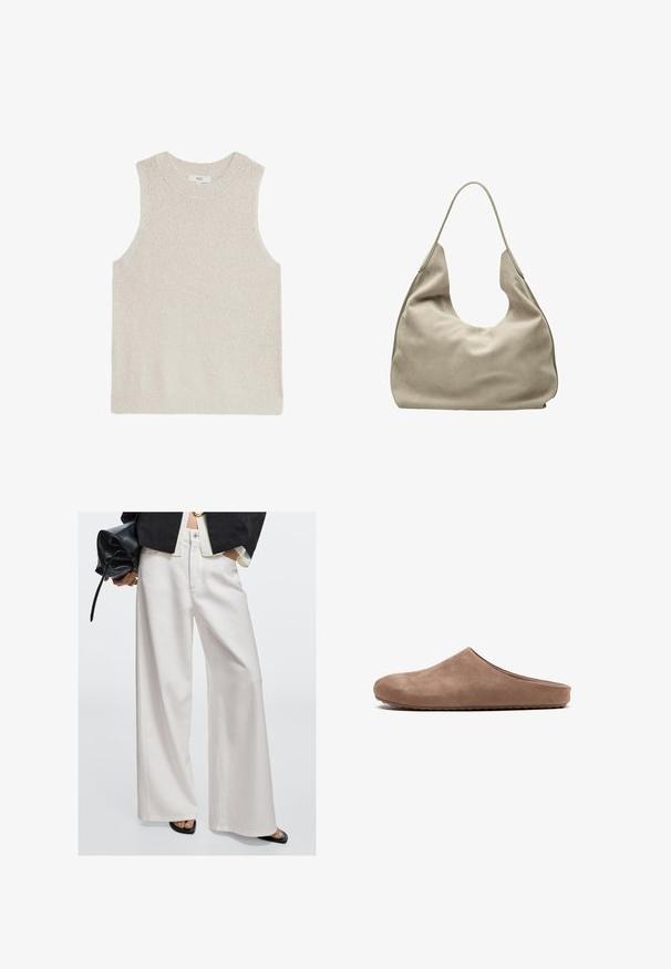 Lys beige ærmeløs sweater med ribbet rund hals, tekstureret stof og minimalistisk design; ingen synlige logoer eller mønstre.; Person iført hvide brede bukser med højtaljede, sorte åben-toe sandaler og holder en sort læderhåndtaske mod en ensfarvet baggrund.; Brun mokkasinsmule med lukket, afrundet tå og flad, tekstureret sål, fotograferet fra siden mod hvid baggrund.; Stor, blød beige ruskinds-hobo-taske med en bred skulderrem og en løs, ustruktureret form, placeret mod en hvid baggrund.