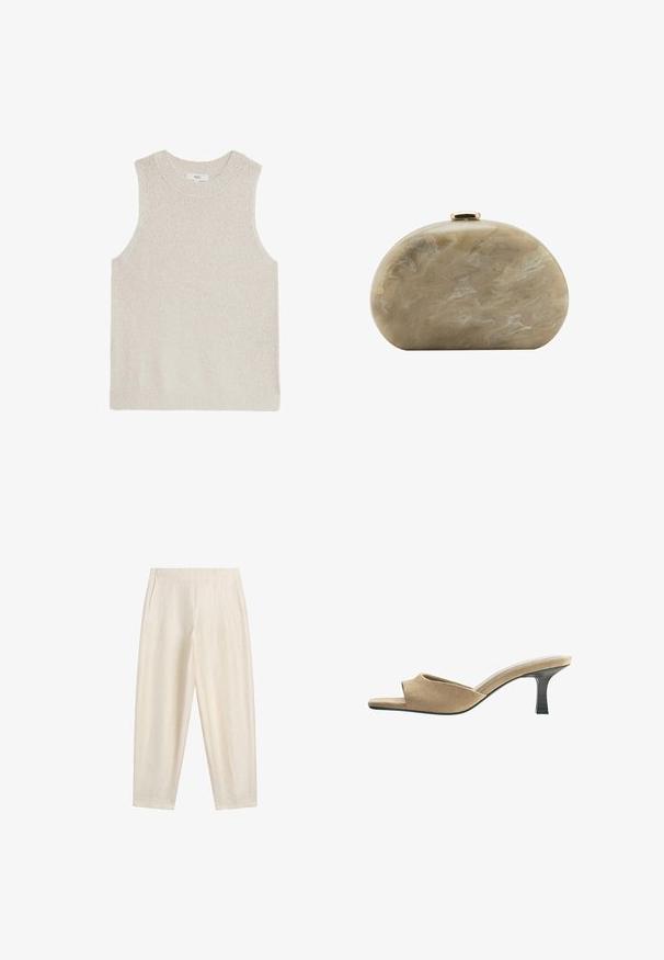 Pull sans manches beige clair avec un col rond côtelé, tissu texturé et design minimaliste ; sans marque ni motifs visibles.; Pantalon en lin crème taille haute, avec plis et poches latérales, doté d'une coupe décontractée et fuselée.; Mule en daim beige à bout ouvert avec un petit talon kitten noir et un dos ouvert, vue de profil sur fond blanc.; Petit sac pochette rigide beige marbré avec une forme arrondie et une fermeture à clip dorée sur le dessus.