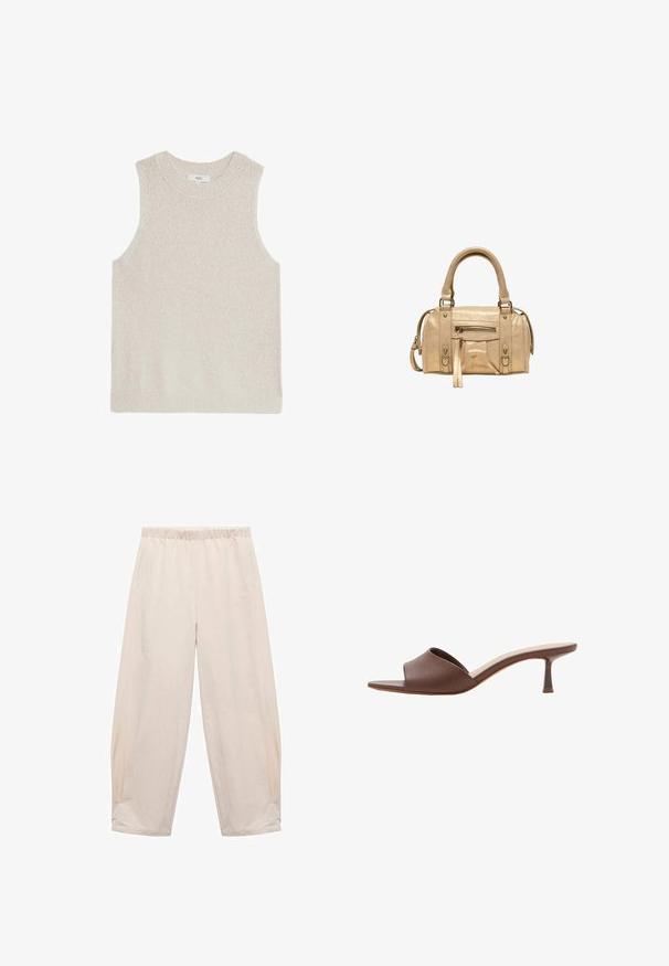 Pull sans manches beige clair avec un col rond côtelé, tissu texturé et design minimaliste ; sans marque ni motifs visibles.; Pantalons à taille élastique en beige clair. Fabriqués en tissu doux avec des poches latérales et une coupe décontractée et ample. Ajustés à la cheville.; Mule en cuir marron à bout ouvert, avec un talon kitten bas et fin et une semelle intérieure rembourrée, présentée sur fond blanc.; Stradivarius Sac à main - beige